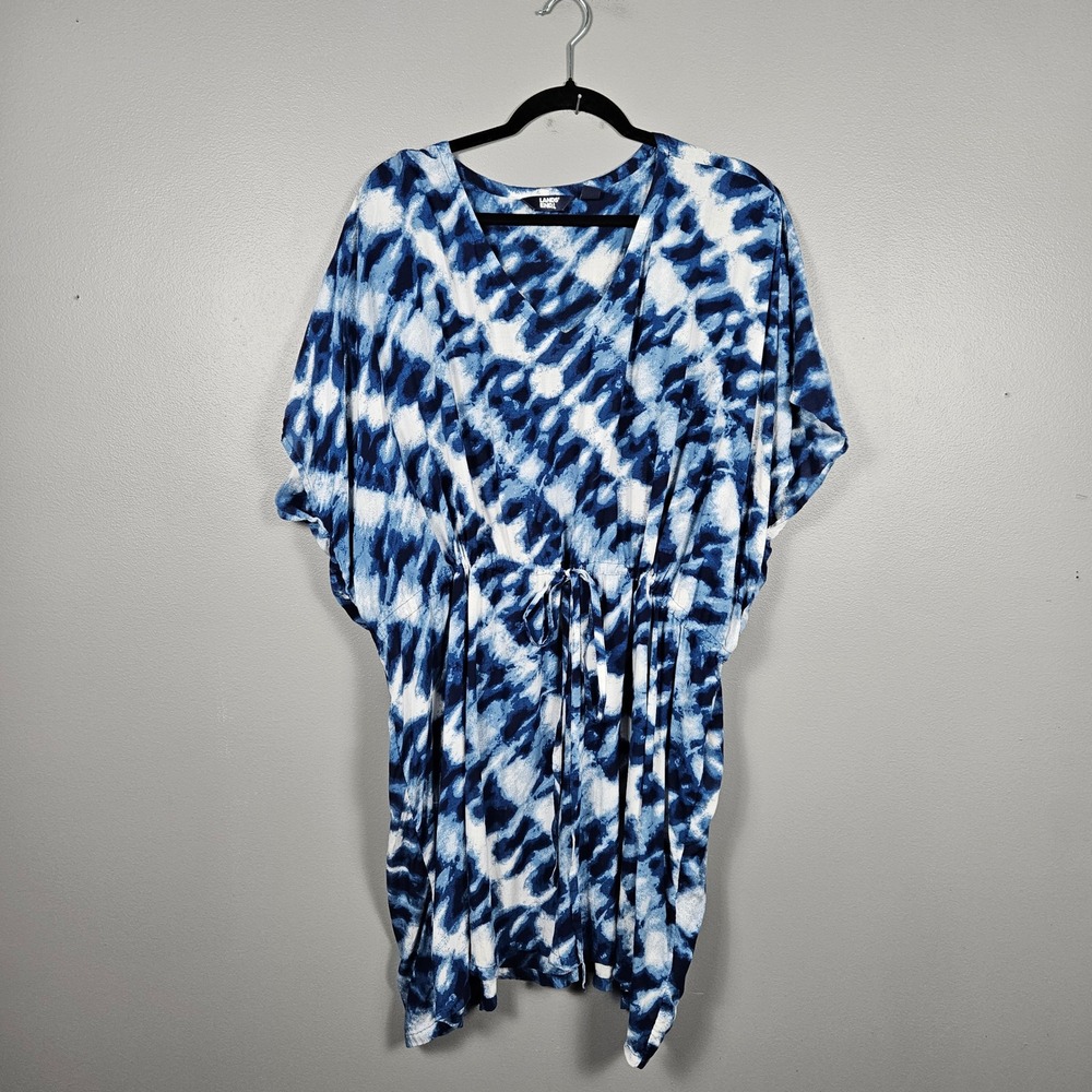 Lands' End Women XL Kaftan‎ Swim Cover Up Modal V Neck Drawstring Blue White